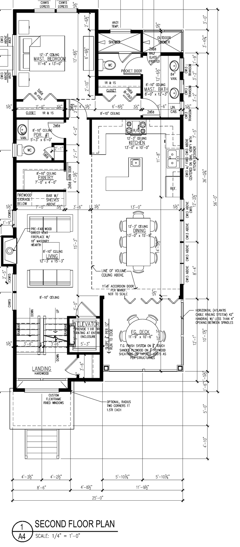 Living-level floor plan with kitchen, dining, living room, powder room and deck
