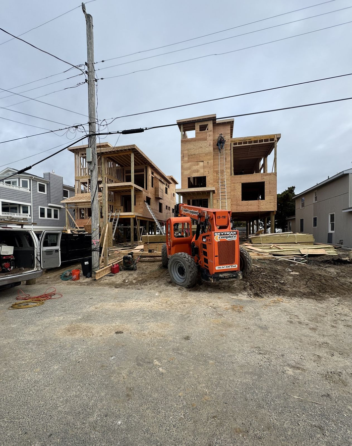 Frame fully up, ready for roof sheathing and wrap