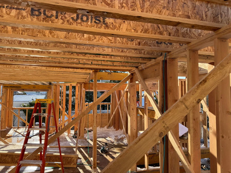 Engineered floor joists overhead