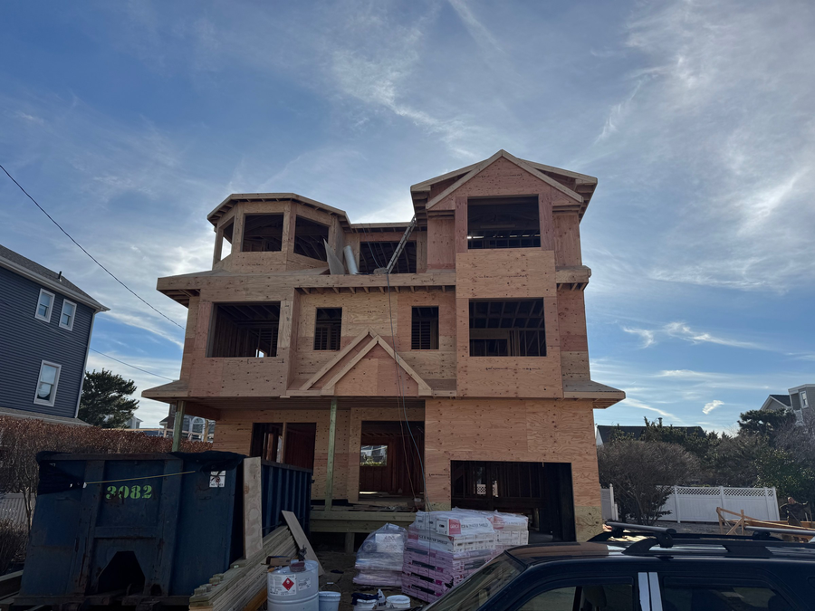 The full height of the home sheathed